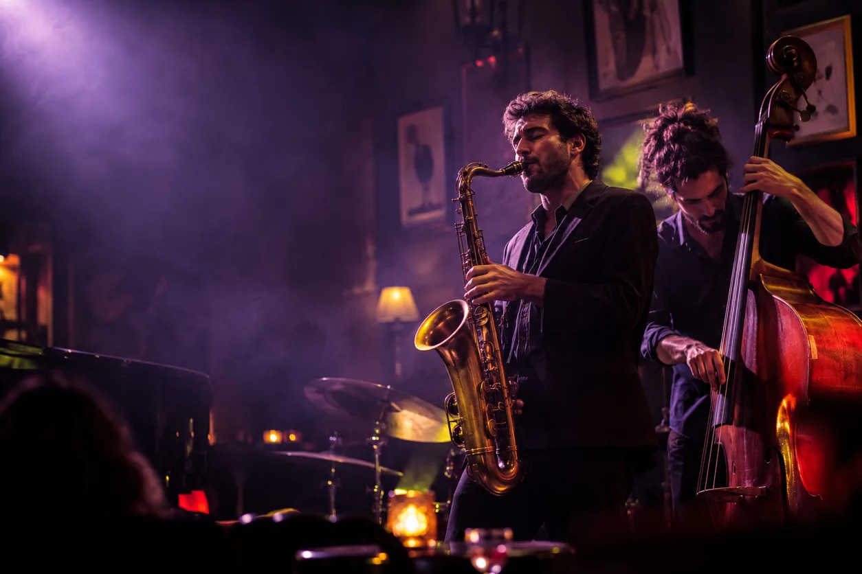 Músicos de jazz con saxo y contrabajo bajo una luz violeta suave en una sala íntima