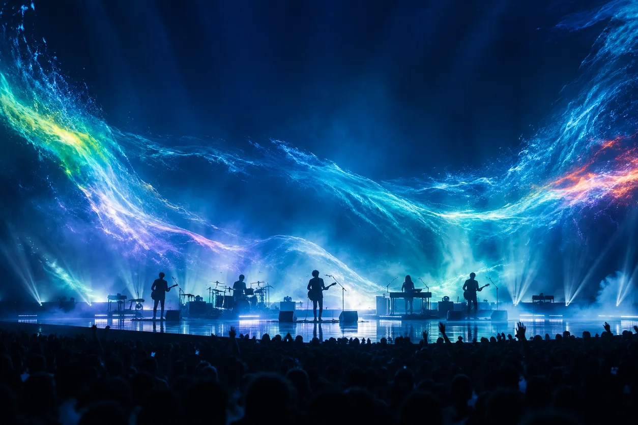 Escenario de una arena iluminado con ondas azules y celestes y siluetas de músicos