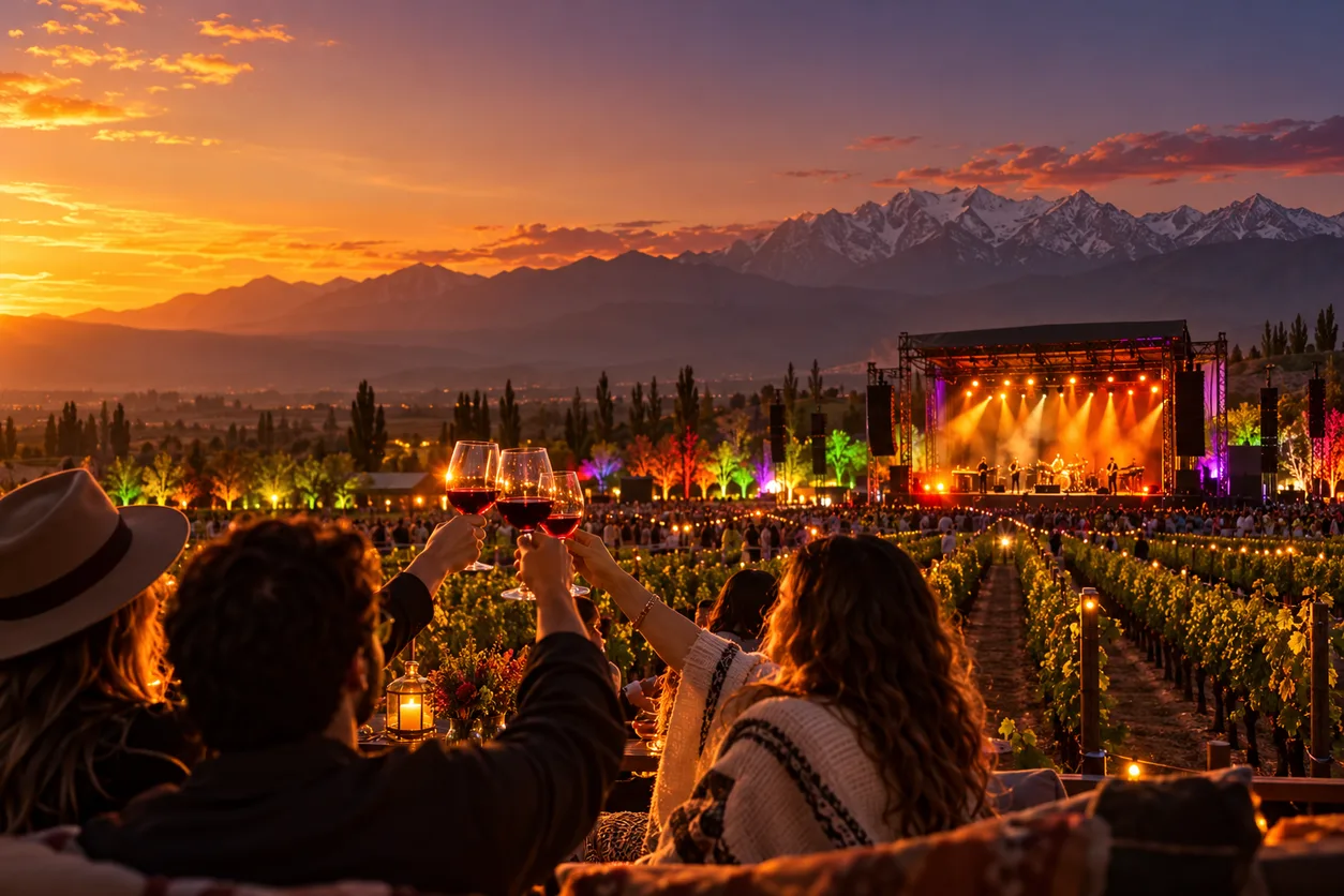 Escenario entre viñedos al atardecer con la cordillera de fondo y gente brindando