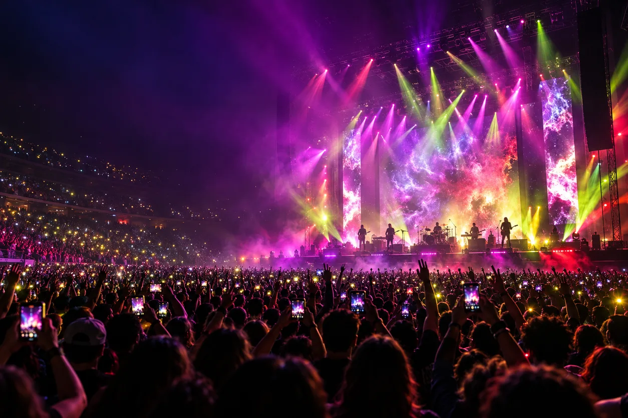 Banda tocando en vivo sobre un escenario con luces de colores y el público con los celulares en alto